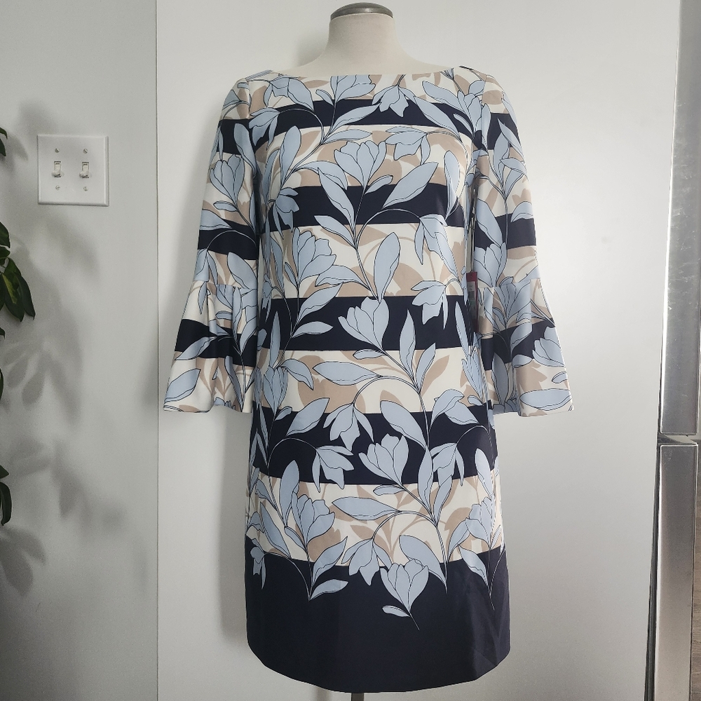 VINCE CAMUTO Women's Botanical Print Bell Sleeve Navy Blue Cream Dress 8‎ NEW